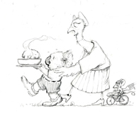 ‘Sadie’s Stew’  Coloring page of Mort the Koala Bear with his good friend Sadie the Bird.  Mouse follows on his bicycle.